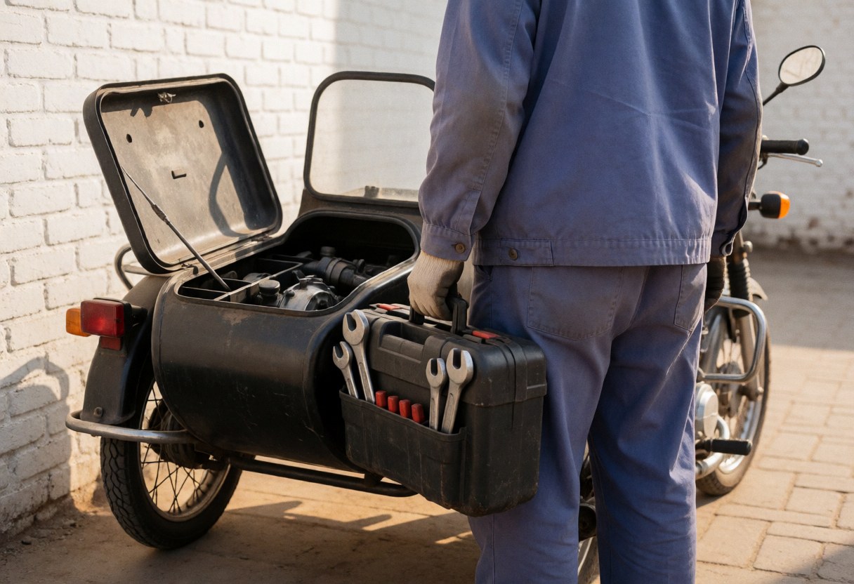 Mécanicien de moto avec sidecar ouvert tenant des outils devant un mur de briques blanches éclairé par la lumière du soleil.
