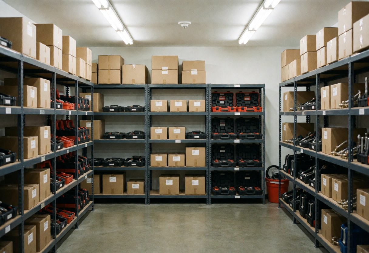 Étagères métalliques remplies de cartons et d'outils de réparation, sol en béton poli sous éclairage fluorescent, environnement propre et professionnel.