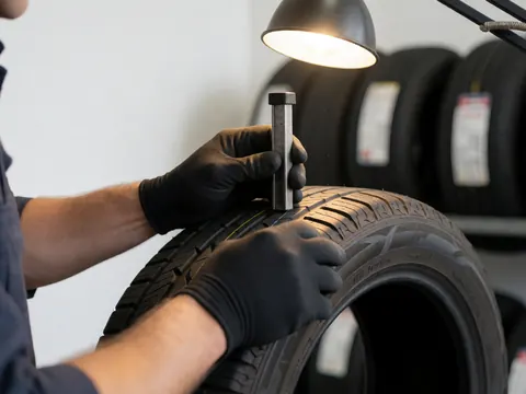 Gant noir mesurant la profondeur de la bande de roulement d'un pneu avec un outil sous une lumière de travail dans un atelier.