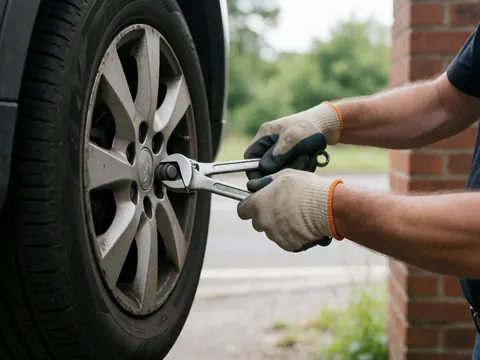 Main portant un gant tenant une clé posée sur une roue automobile avec mur en briques et végétation en arrière-plan