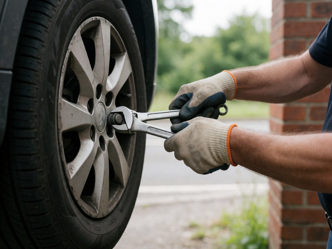 Main portant un gant tenant une clé posée sur une roue automobile avec mur en briques et végétation en arrière-plan