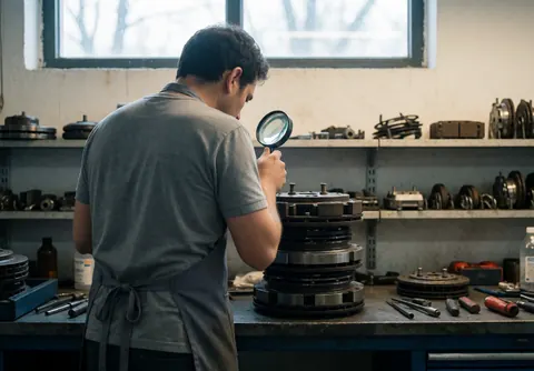 Mécanicien en tablier examine des pièces de frein à l'aide d'une loupe dans un atelier éclairé par la lumière naturelle d'une fenêtre.