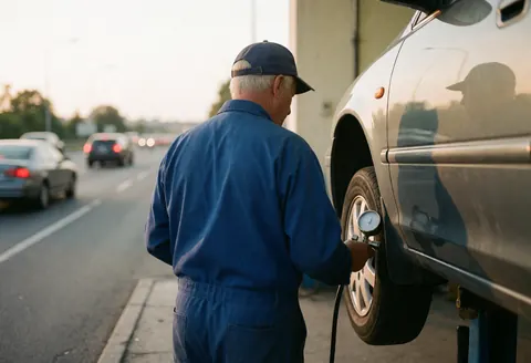 Mécanicien utilisant un manomètre pour vérifier la pression d'un pneu sur un véhicule élevé dans une station-service avec une route en arrière-plan au coucher du soleil