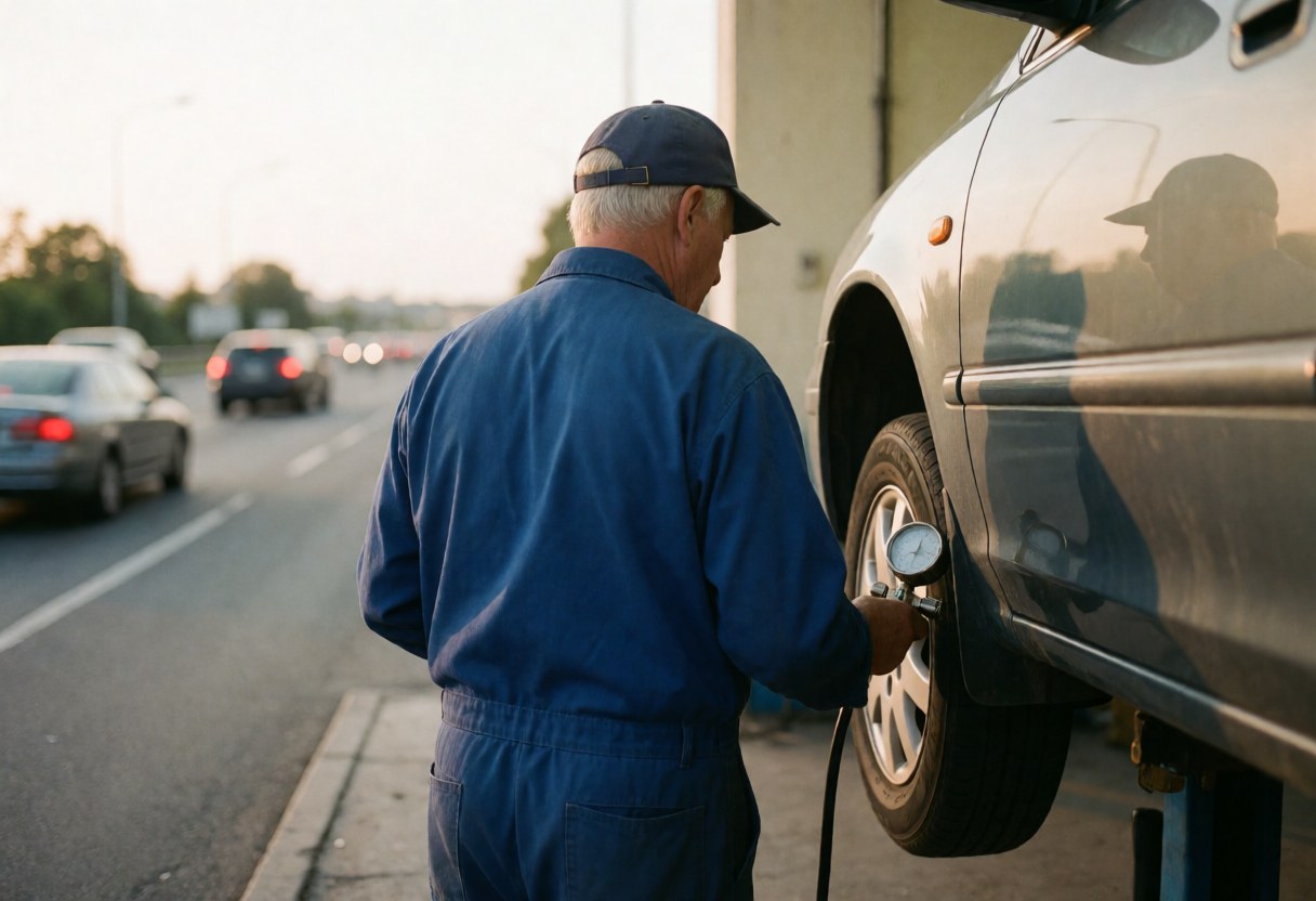 Mécanicien utilisant un manomètre pour vérifier la pression d'un pneu sur un véhicule élevé dans une station-service avec une route en arrière-plan au coucher du soleil