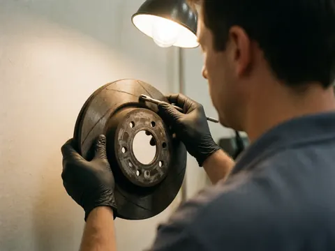 Un technicien en gants noirs examine un disque de frein métallique avec un outil dans un atelier bien éclairé.