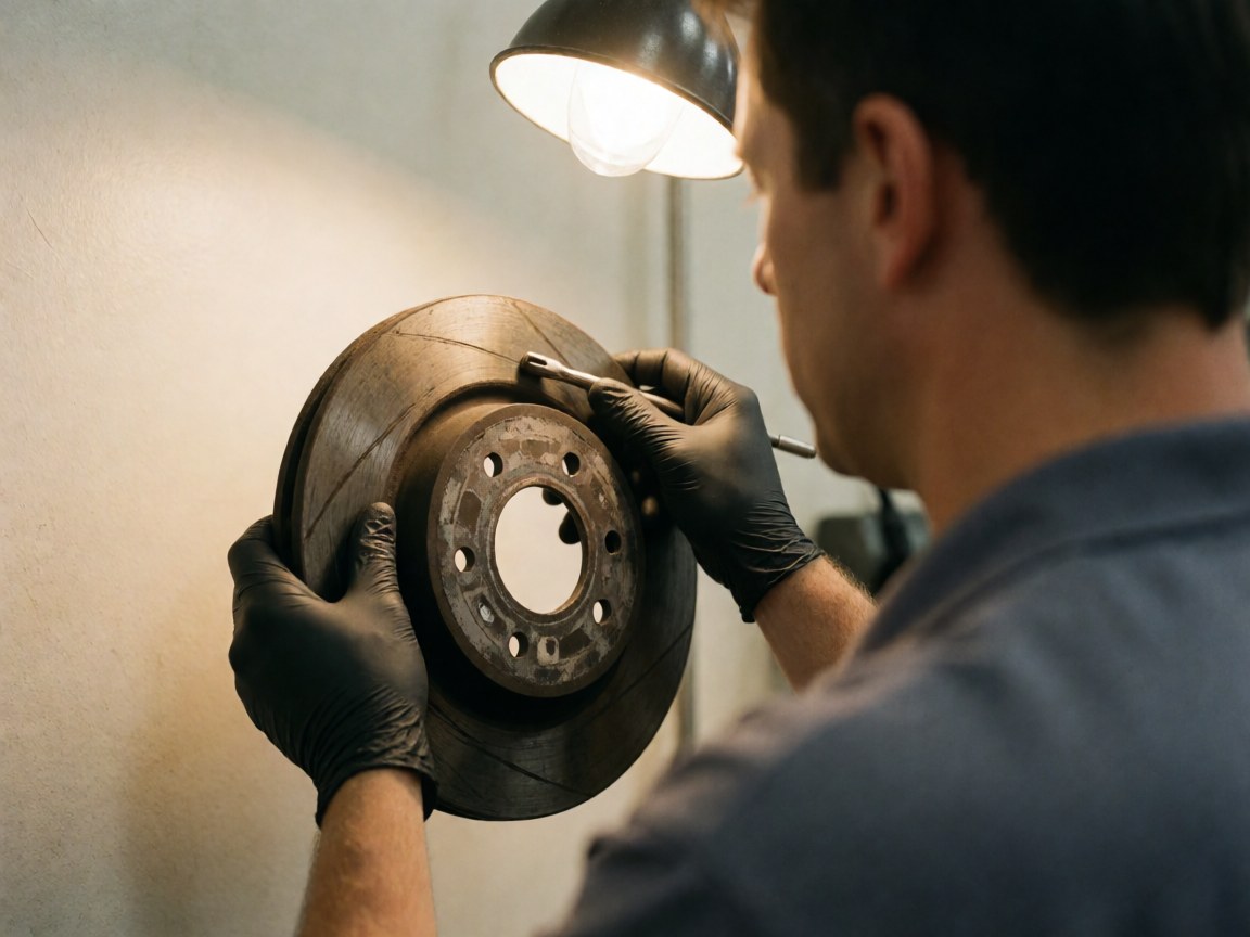 Un technicien en gants noirs examine un disque de frein métallique avec un outil dans un atelier bien éclairé.