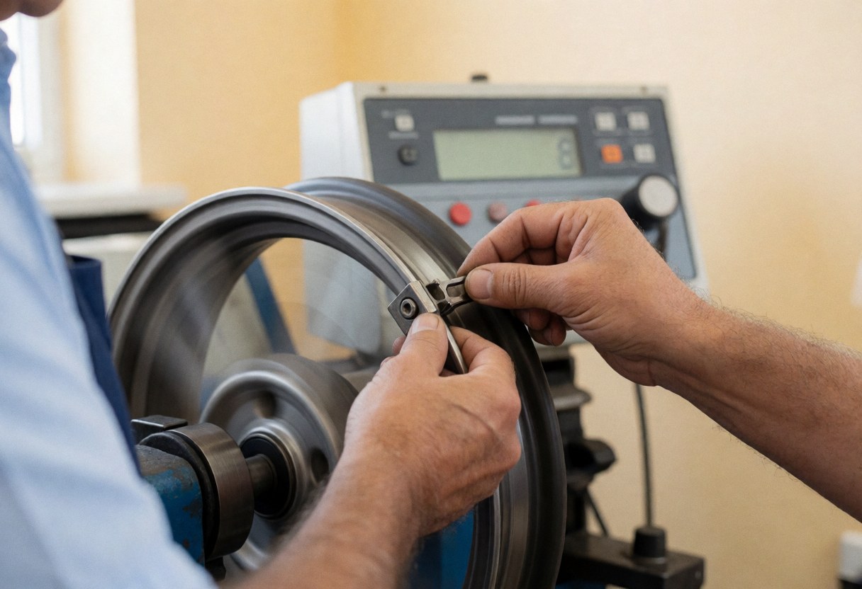Technicien ajuste un clip sur une roue tournante dans une machine d'équilibrage, mains et outils au premier plan avec un flou d'arrière-plan.