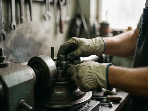 Des mains portant des gants en cuir ajustent une machine de réparation de roues dans un atelier mécanique avec des outils suspendus au mur.
