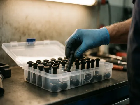 Une main portant un gant bleu saisit une valve noire de pneu extraite d'un contenant transparent dans un atelier.
