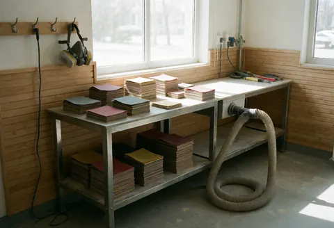 Station de ponçage professionnelle équipée de papier abrasif à différents grains, système d'aspiration de poussière et masque de protection suspendu au mur.