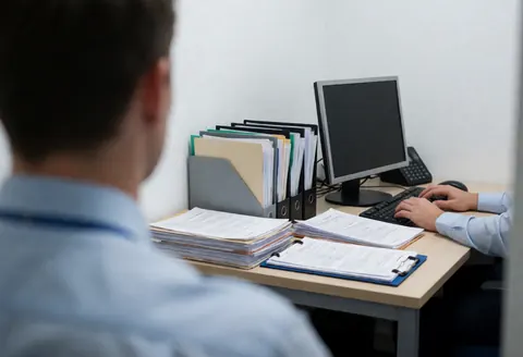 Personne travaillant sur un ordinateur dans un bureau avec des documents et des classeurs organisés sur un bureau en bois clair.