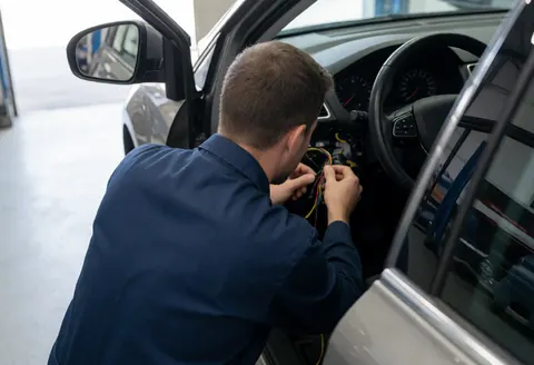 Vue arrière d'un technicien en atelier automobile réparant les câbles du tableau de bord avec des outils sous un éclairage naturel.