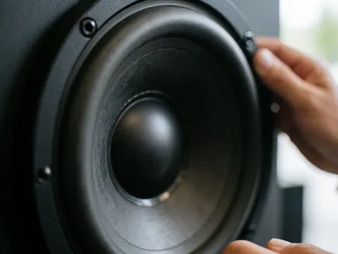 Près d'un subwoofer noir, mains ajustant son cône, détails du matériau et de la bordure, éclairage naturel pour boutique d'accessoires auto.