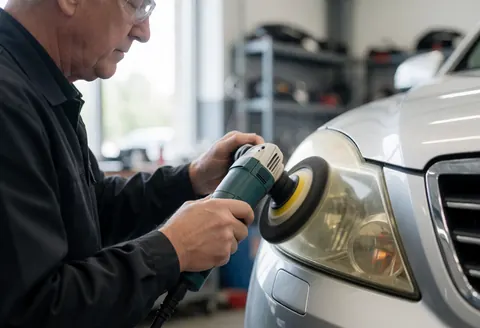 Un technicien portant des lunettes utilise un polisseur électrique pour restaurer l'éclat d'un phare jaune dans un atelier automobile éclairé par la lumière naturelle.