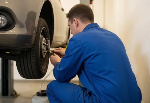 Un mécanicien en uniforme bleu effectue un travail sur le système de freins d'une voiture relevée dans un atelier, avec des tuyaux et un récipient visibles.