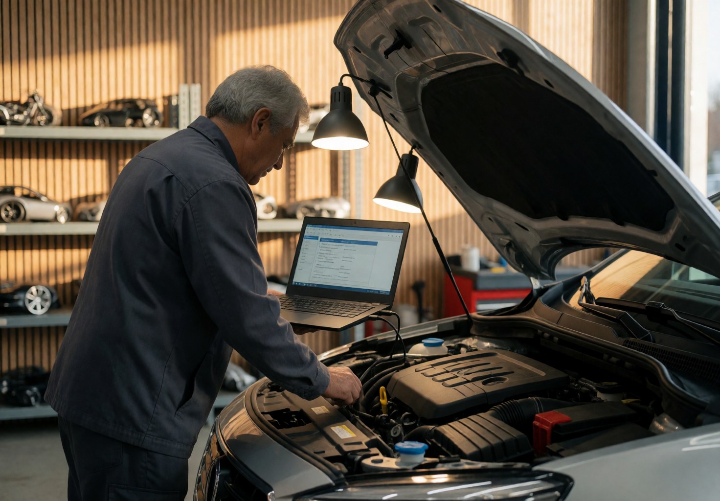 Un technicien examine le moteur d'une voiture à l'aide d'un ordinateur portable connecté dans un atelier éclairé par une lampe de travail, avec des étagères contenant des pièces en arrière-plan.