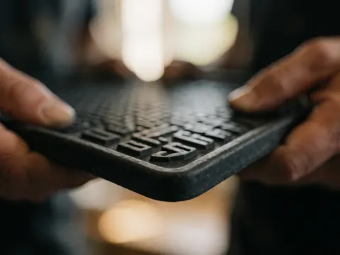 Gros plan sur un tapis de sol automobile en caoutchouc noir, montrant son bord relevé et sa texture, tenu par des mains avec un fond chaud flou.