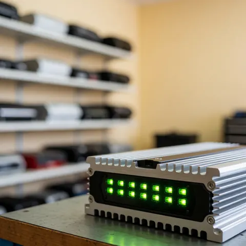 Amplificateur de voiture avec leds verts allumés posé sur une table de travail devant des étagères remplies de composants électroniques.
