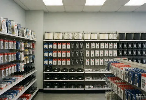 Étagères métalliques chargées de filtres, plaquettes de frein et ampoules dans un magasin d'accessoires automobiles aux murs gris et à l'éclairage fluorescent.