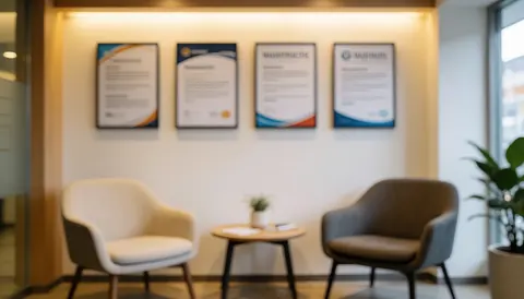 Vue d'un salon d'attente professionnel comportant deux chaises modernes, une petite table basse et des cadres de certificats accrochés au mur, créant une ambiance chaleureuse.