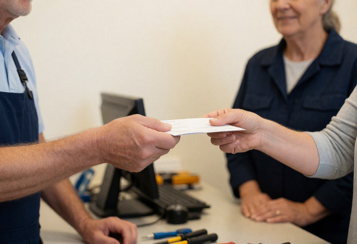 Un technicien de réparation tend un document à une cliente dans un magasin avec des outils visibles sur le comptoir et des murs blancs.
