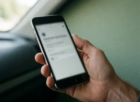 Gros plan d'une main adulte tenant un téléphone portable avec un écran flou, prise à l'intérieur d'une voiture avec une lumière naturelle et un arrière-plan estompé.