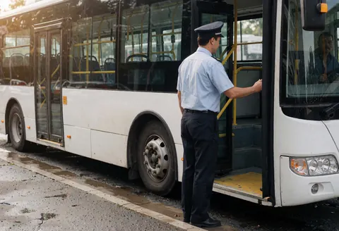 Un conducteur en uniforme bleu clair et pantalon sombre salue les passagers près de la porte ouverte d'un bus blanc sur un sol humide reflétant la lumière.