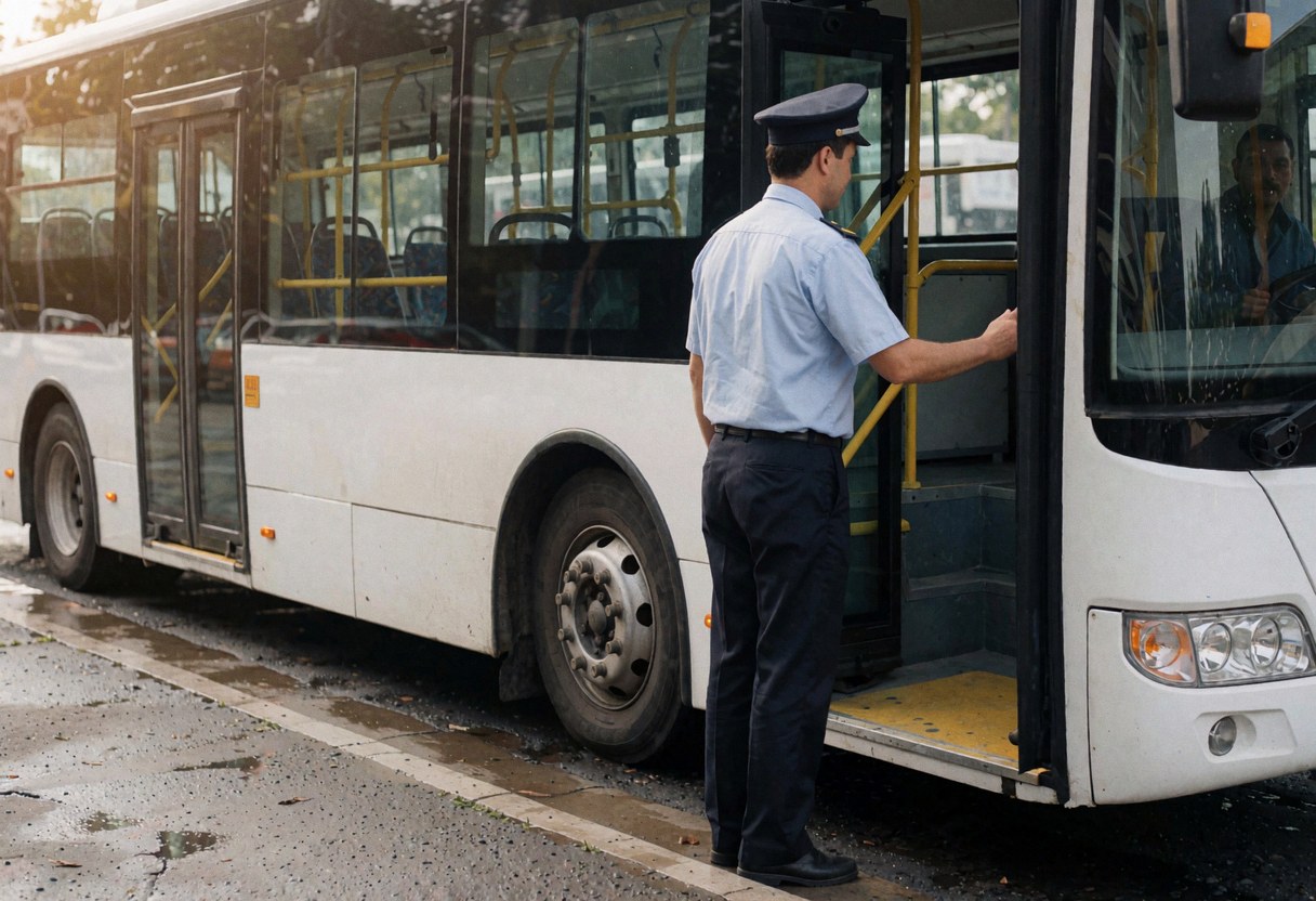 Un conducteur en uniforme bleu clair et pantalon sombre salue les passagers près de la porte ouverte d'un bus blanc sur un sol humide reflétant la lumière.