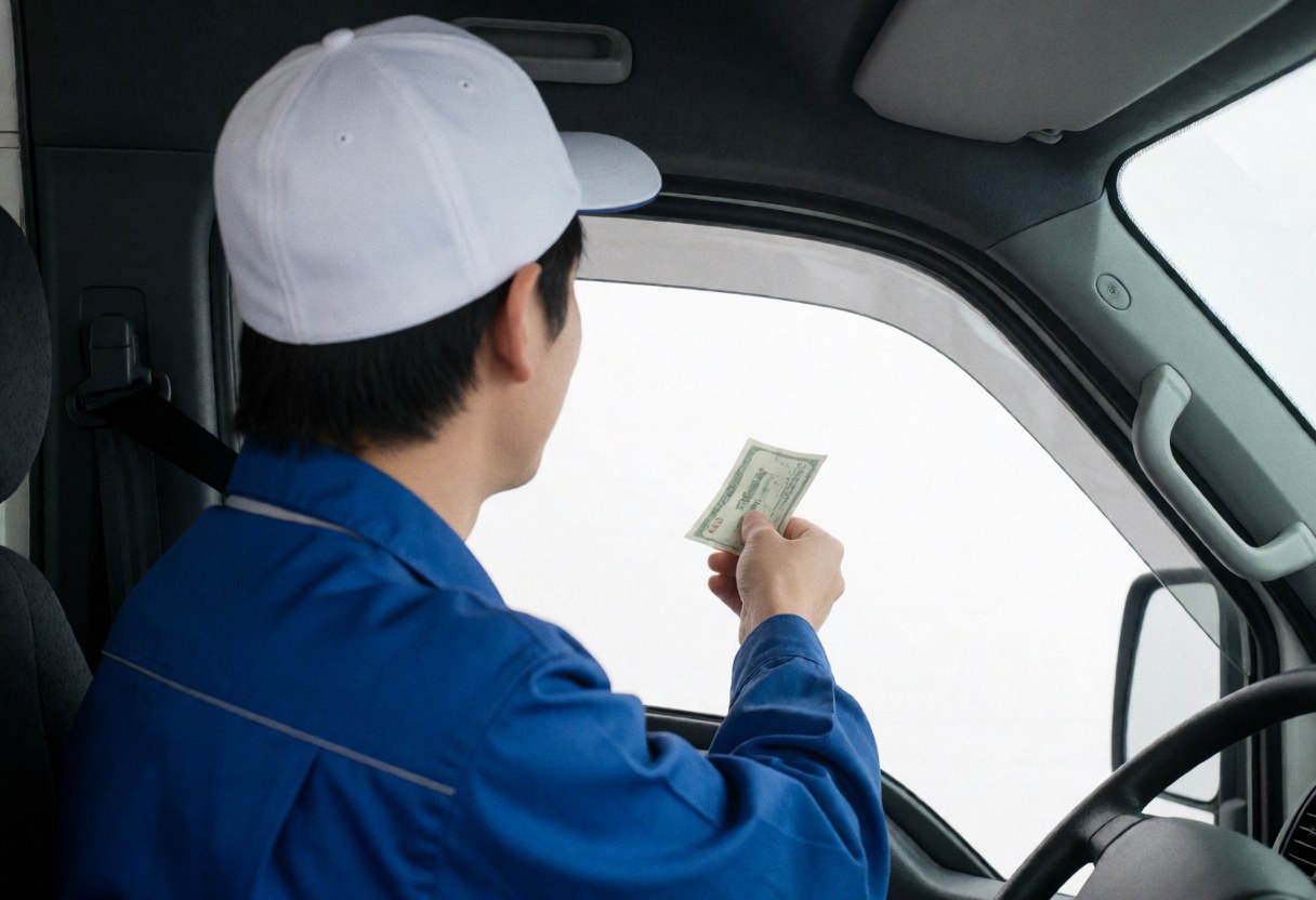 Un chauffeur en uniforme bleu et casquette blanche effectue une transaction financière avec un client dans un véhicule de transport public.