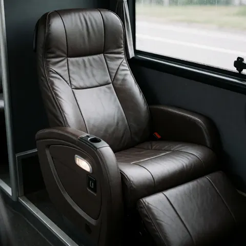 Siège de transport public en cuir marron inclinable, équipé d'une lumière de lecture et d'un port USB, éclairé par la lumière naturelle sur fond flou.