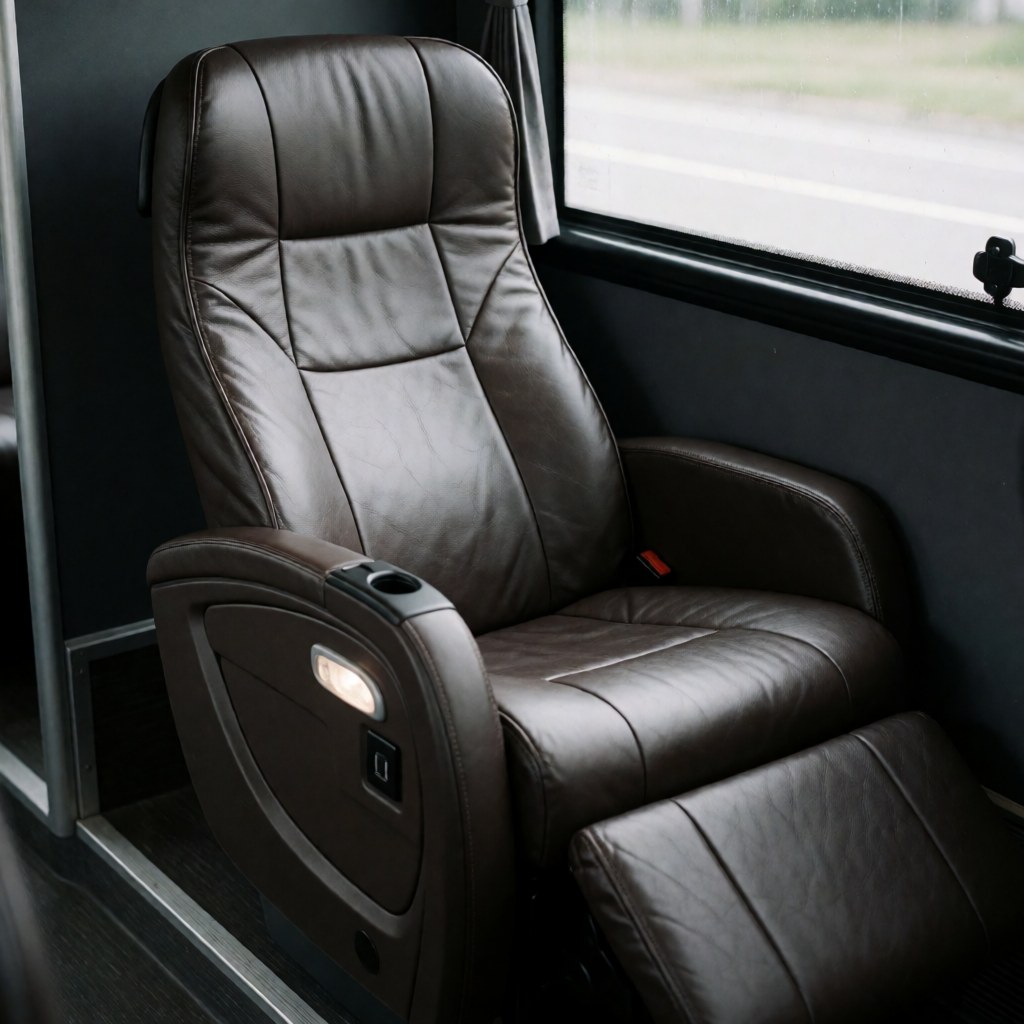 Siège de transport public en cuir marron inclinable, équipé d'une lumière de lecture et d'un port USB, éclairé par la lumière naturelle sur fond flou.