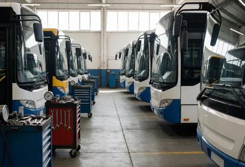 Des outils de maintenance disposés en rangée au premier plan avec des autobus stationnés en ligne à l'arrière-plan sous un éclairage naturel dans un atelier.