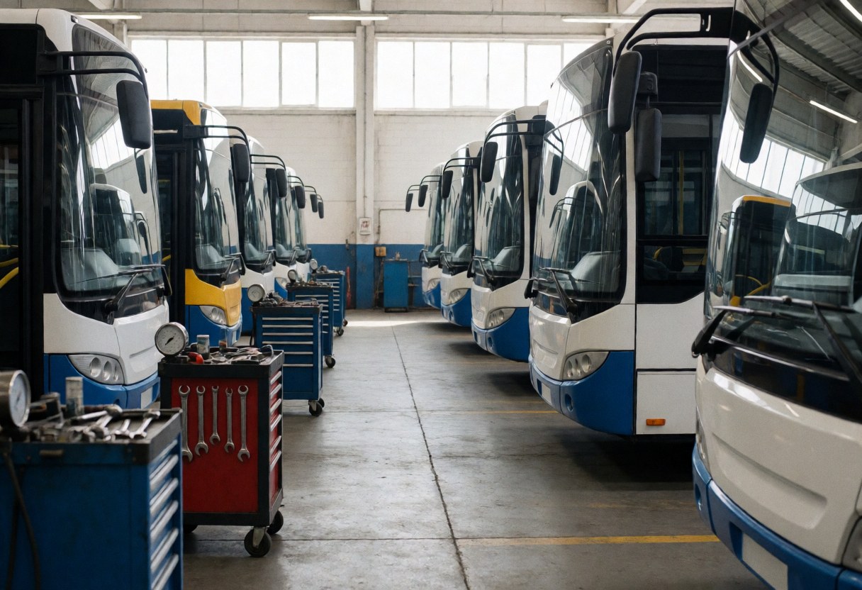 Des outils de maintenance disposés en rangée au premier plan avec des autobus stationnés en ligne à l'arrière-plan sous un éclairage naturel dans un atelier.