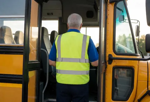 Conducteur de bus scolaire en gilet réfléchissant, dos tourné, prêt à ramasser les enfants, intérieur propre et vide, lumière du matin.