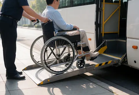 Un chauffeur en uniforme pousse un fauteuil roulant sur une rampe métallique déployée depuis un bus blanc dans la rue.
