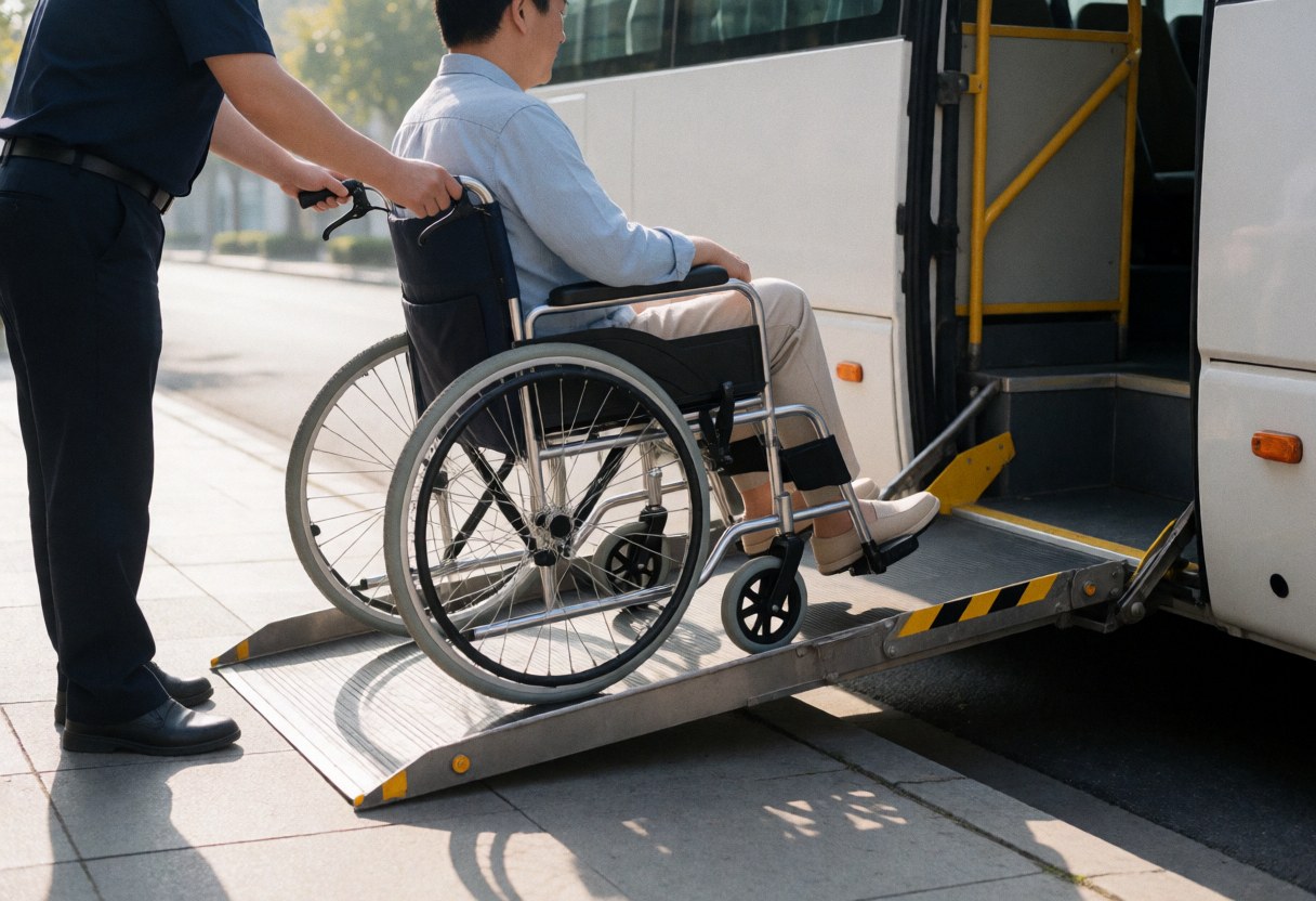 Un chauffeur en uniforme pousse un fauteuil roulant sur une rampe métallique déployée depuis un bus blanc dans la rue.