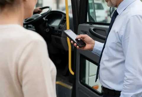 Conducteur de bus en chemise et cravote utilisant son téléphone portable pour coordonner le service, passagère de dos près de la porte du bus.