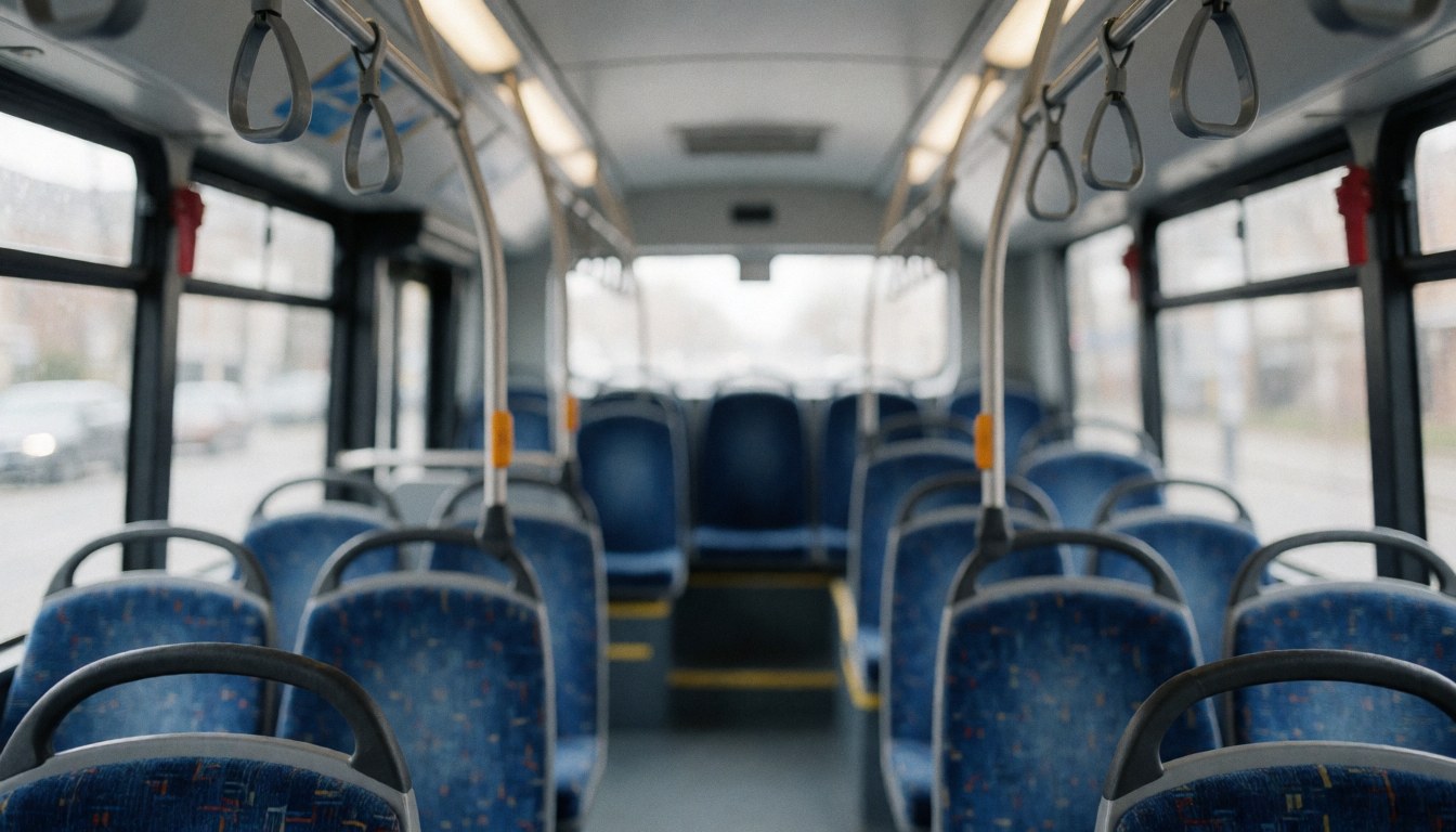 Vue intérieure d'un bus public vide montrant des rangées de sièges bleus et des barres métalliques sur un fond flou, adapté comme arrière-plan pour du texte ou du design graphique.