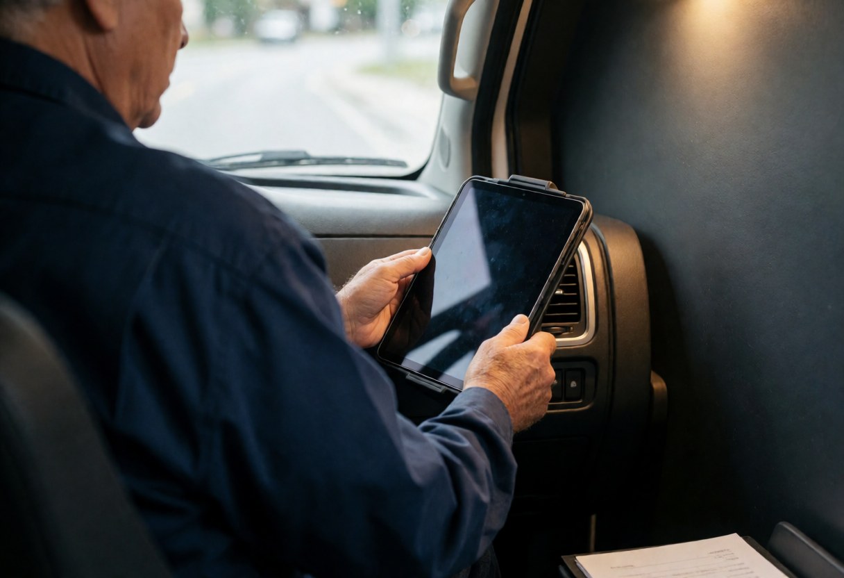 Un conducteur de transport public examine sa tablette à l'intérieur du véhicule, baigné d'une lumière chaude qui met en valeur les détails de l'habitacle.