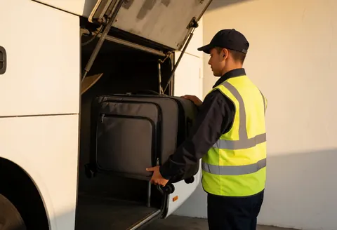 Un employé en gilet réfléchissant charge une valise dans le compartiment à bagages d'un autobus blanc sous la lumière dorée du crépuscule.
