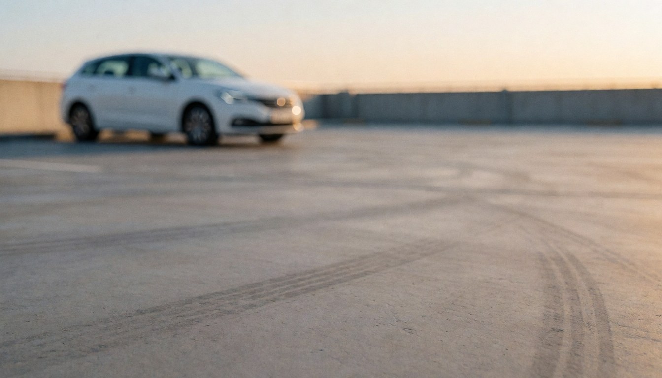 Fond de parking avec traces de pneus, voiture blanche floue, lumière chaude au coucher du soleil, idéal pour textes de services automobiles.