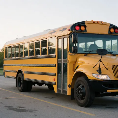 Un bus scolaire jaune stationné dans un parking avec des roues, des rétroviseurs et des feux rouges visibles sous une lumière douce de fin d'après-midi.