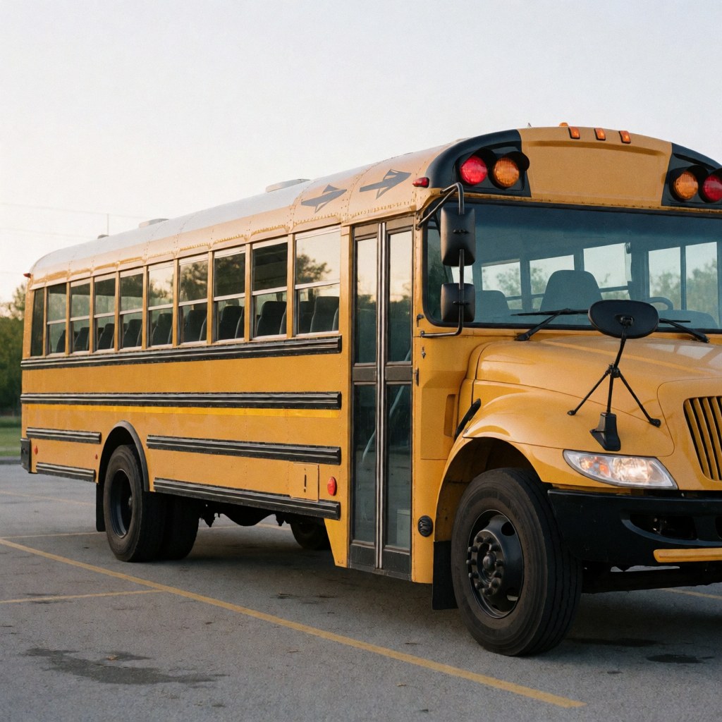 Un bus scolaire jaune stationné dans un parking avec des roues, des rétroviseurs et des feux rouges visibles sous une lumière douce de fin d'après-midi.