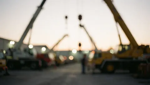 Arrière-plan flou de grues dans un dépôt industriel au crépuscule, avec des lumières chaudes et des tons jaunes et gris, idéal pour du texte commercial.