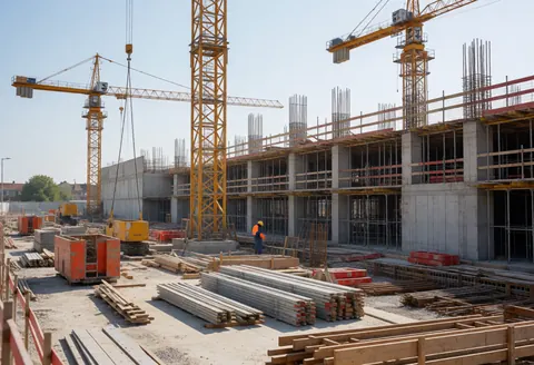 Grue jaune soulevant des poutres en acier sur un chantier avec échafaudages, matériaux et un travailleur en casque et gilet orange.