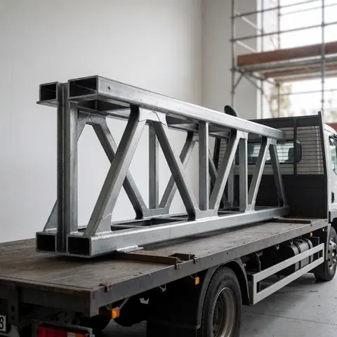 Treillis métallique peint prêt pour le transport posé sur un camion plateau dans un atelier industriel avec un fond flou.
