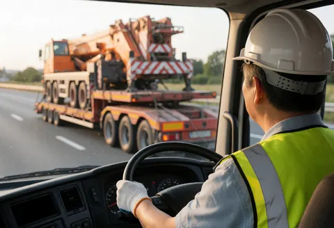 Un conducteur casqué et gilet de sécurité conduit un camion-grue sur remorque sur une route au coucher du soleil.