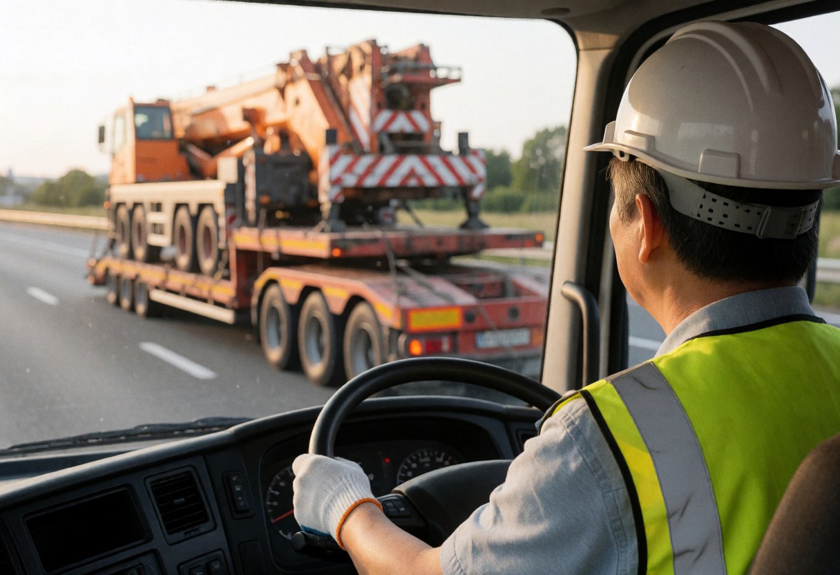 Un conducteur casqué et gilet de sécurité conduit un camion-grue sur remorque sur une route au coucher du soleil.