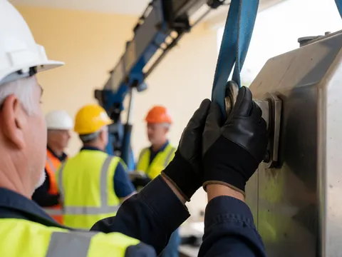 Rigger ajustant la corde bleue au point d'élevage d'une machine métallique avec équipement de sécurité visible et fond flou de grue.