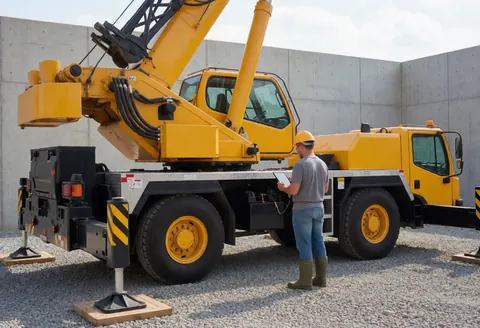 Un ouvrier en équipement de sécurité examine une tablette à proximité d'une grue jaune sur un chantier avec des murs en béton.